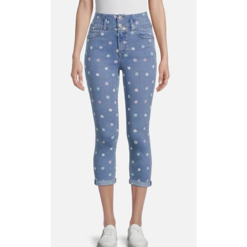 No Boundaries Pastel Floral Blue High Waist Stretch Cropped Jeans Jrs Sz 5 NoBo